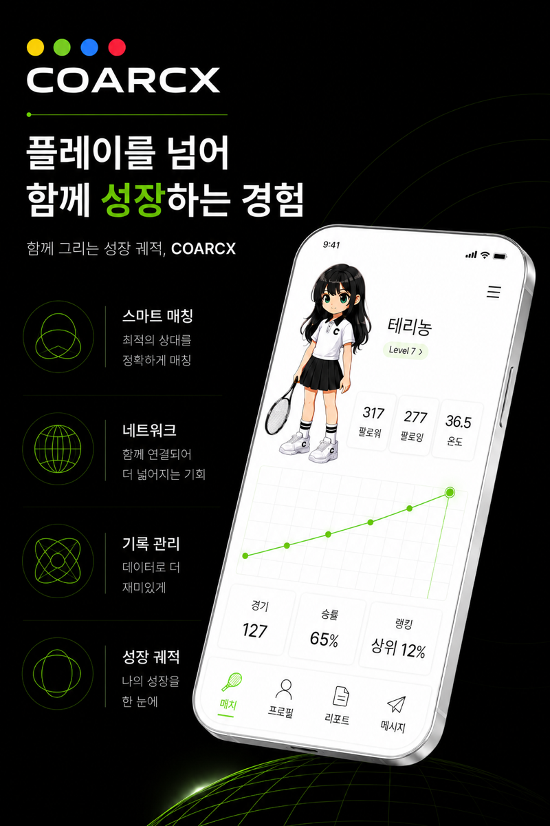 COARCX 앱의 성장 기록과 매치 기능을 보여주는 휴대폰 화면